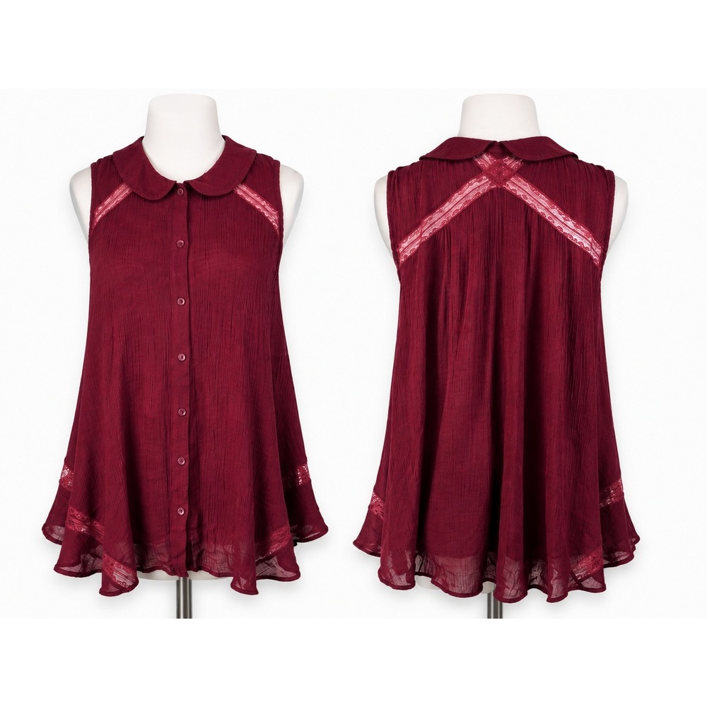 Lauren Conrad Burgundy Semi-Sheer Crinkle Gauze Peter Pan Lace Swing Blouse M